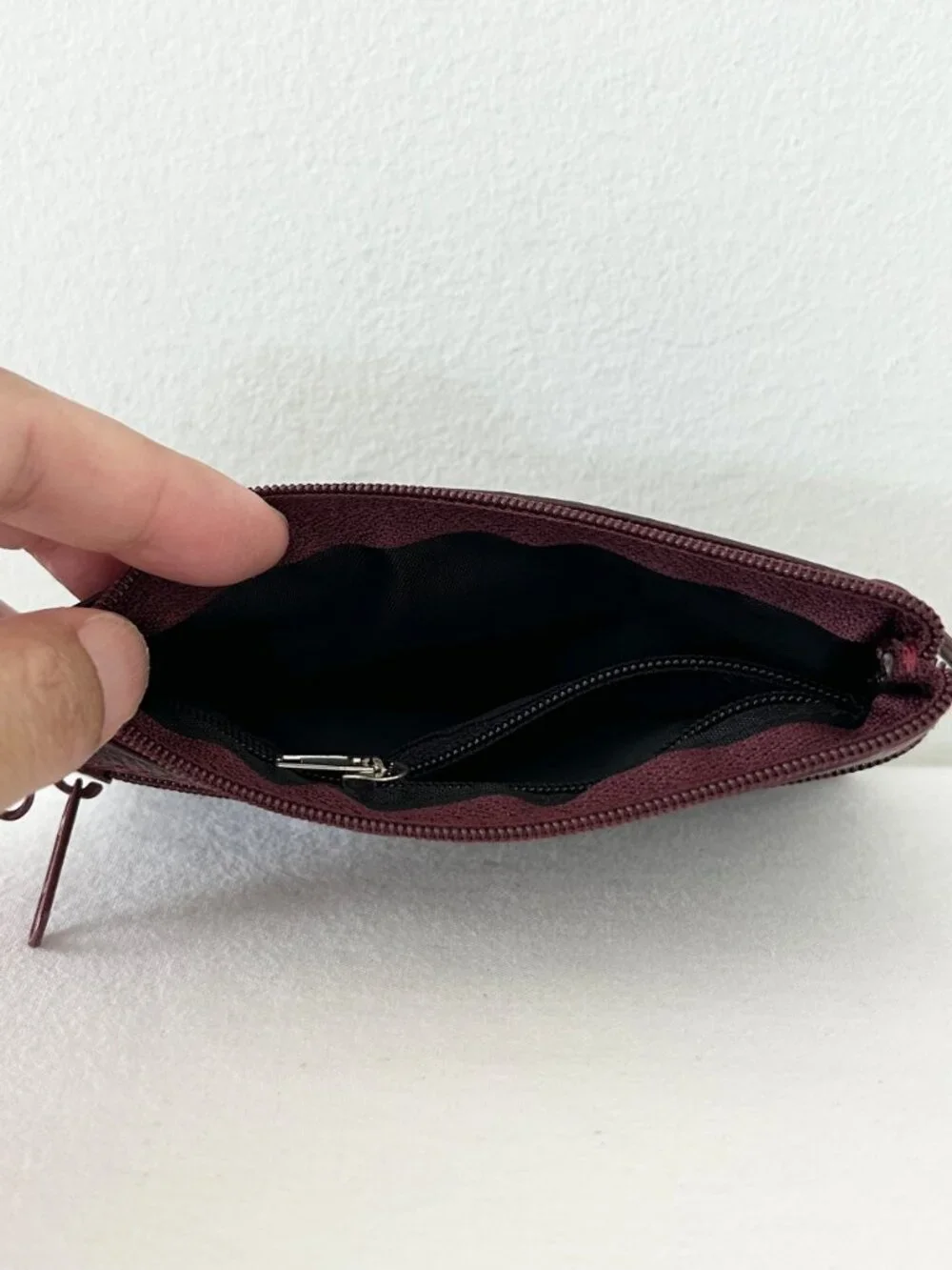 Vintage Burgundy Leather Coin Pouch Wallet Embossed Logo Zipper Close